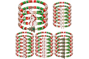 Huquary 24 Pcs Christmas Party Bracelets Bulk Santa Claus Christmas Tree Snowman and Elk Polymer Clay Beaded Bracelets for Xmas Party Supplies Stocking Goody Bag Stuffers