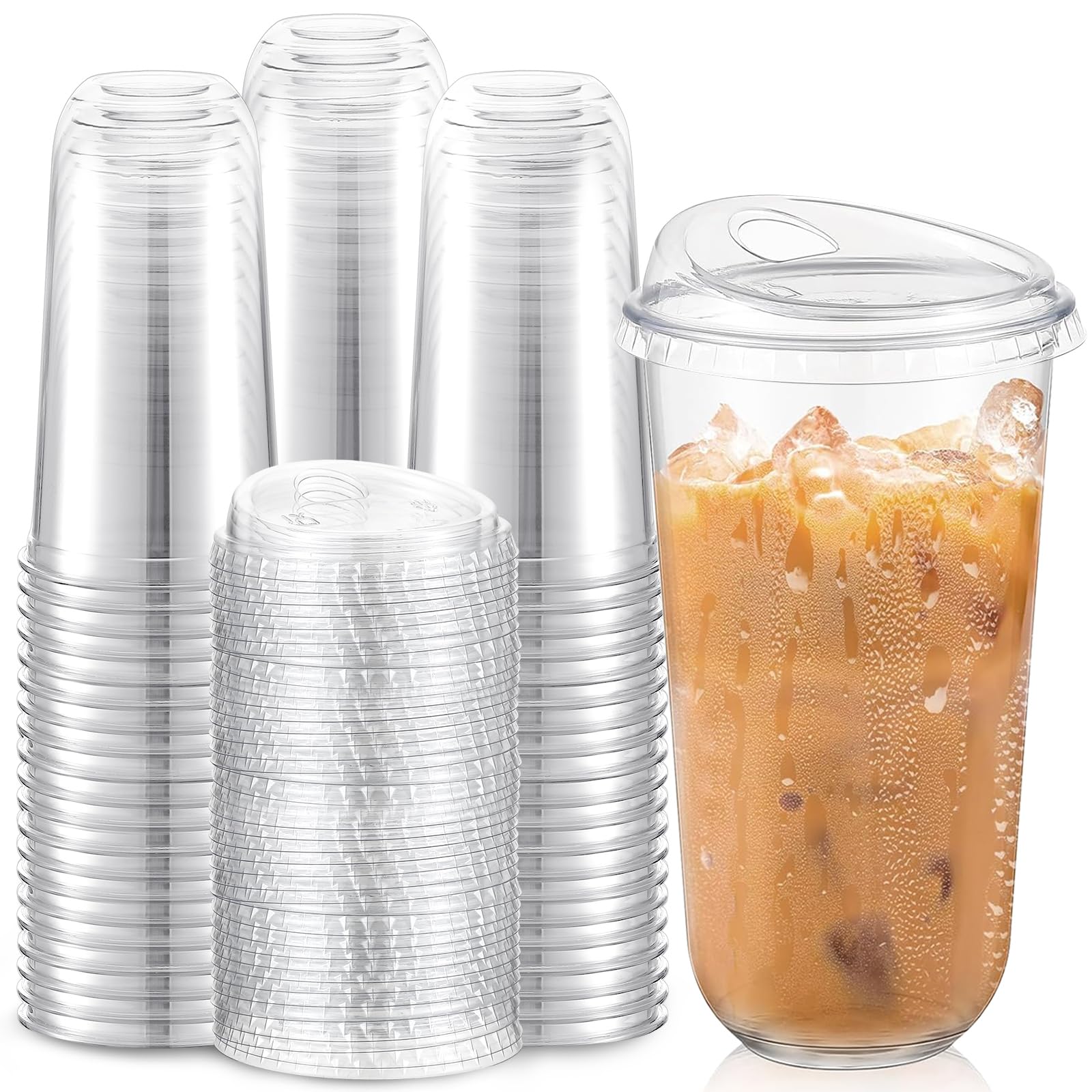 Photo 1 of Baderke 100 Pcs Plastic Cups with Sip Lids Round Bottom Disposable Plastic Coffee Cups with Lids Clear Strawless Crystal Mugs for Iced Coffee Smoothie Cold Beverage Party Catering Supplies (20 oz)