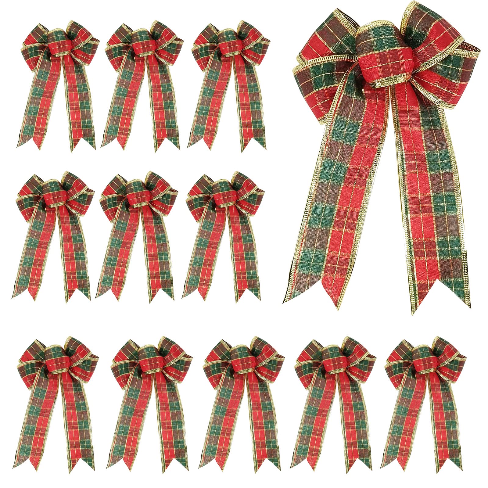 12pcs 8 Inches Scotland Plaid Christmas Bowknot Xmas Tree Wreaths Tree Bows Ties Decor Xmas Gift Box Packaging Decoration Ornament