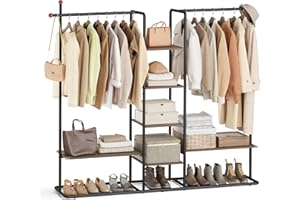 SONGMICS HOME Clothes Rack, Wardrobe, Freestanding Closet, Heavy-Duty Garment Rack, 6 Storage Shelves, 2 Hanging Rails, 64.4 x 13.3 x 69 Inches, Natural Walnut and Ink Black URGR012B01