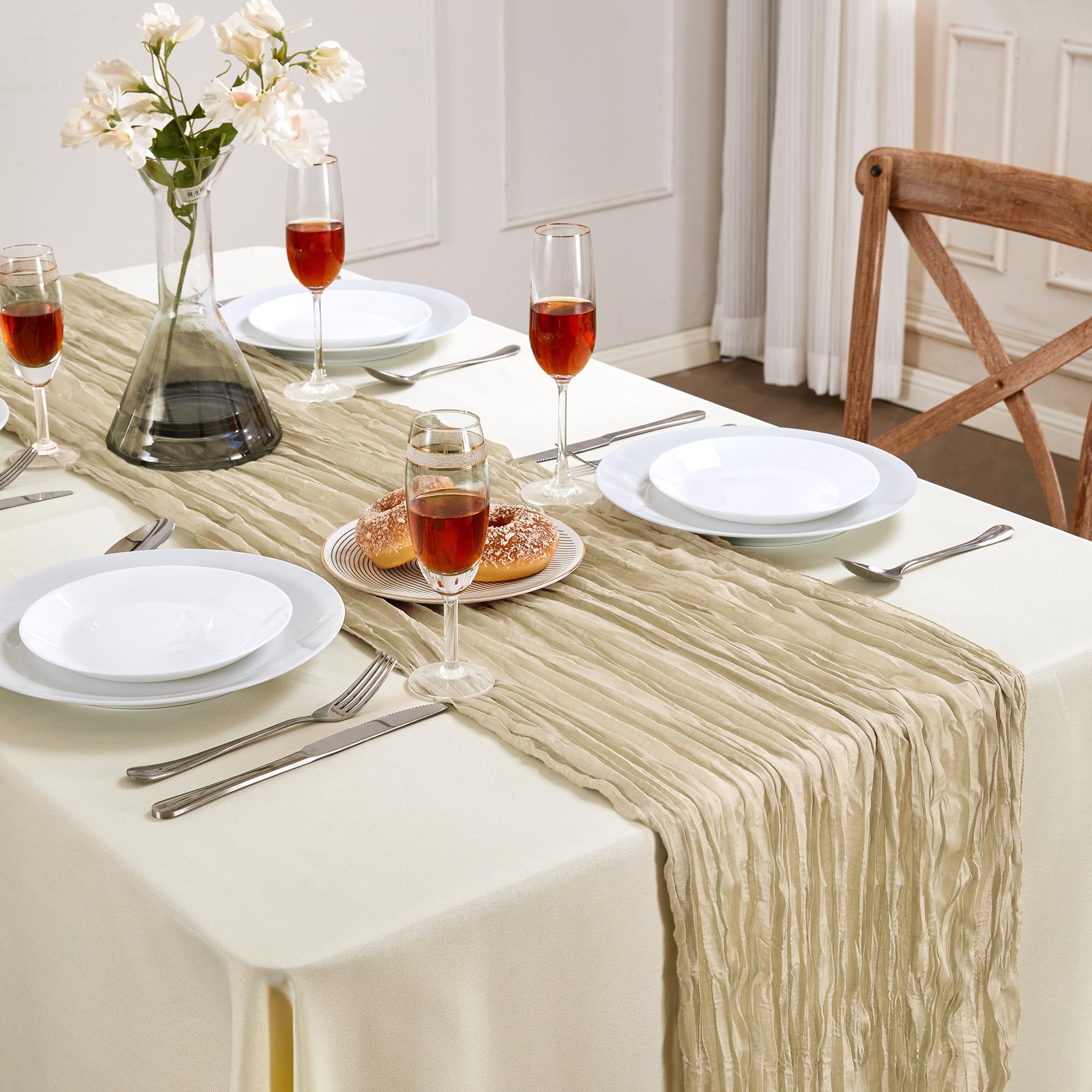 Photo 1 of Cheesecloth Table Runner 10FT Long Boho Gauze Table Runner Rustic Sheer Runner for Wedding Bridal Baby Shower Birthday Party Table Decor Thanksgiving Christmas (Beige, 6 Pack)