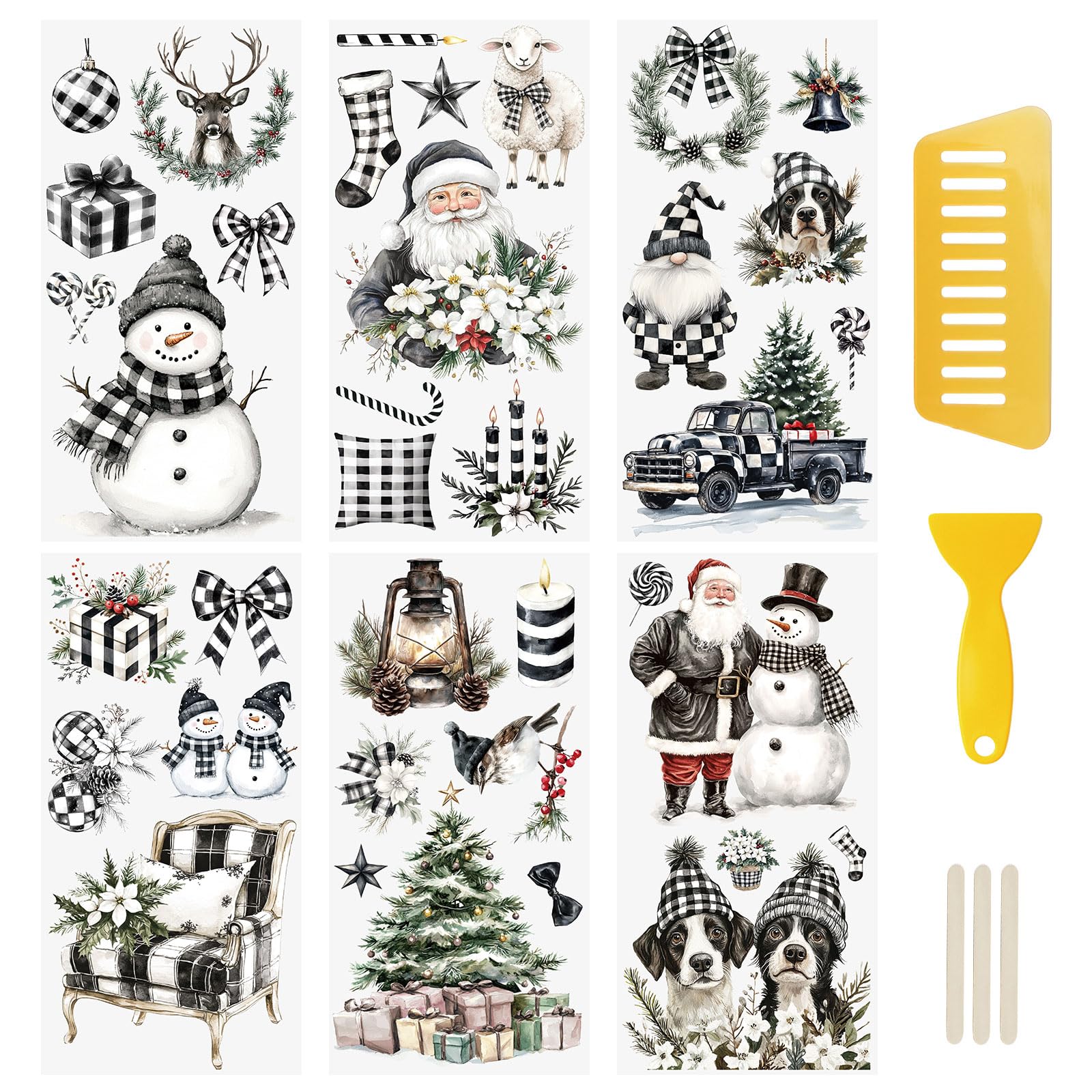 WANDIC 6PCS Christmas Black And White Pattern Rub On Transfer Stickers, Christmas Theme Transfer Decals for DIY Scrapbooking Photo Albums Furniture