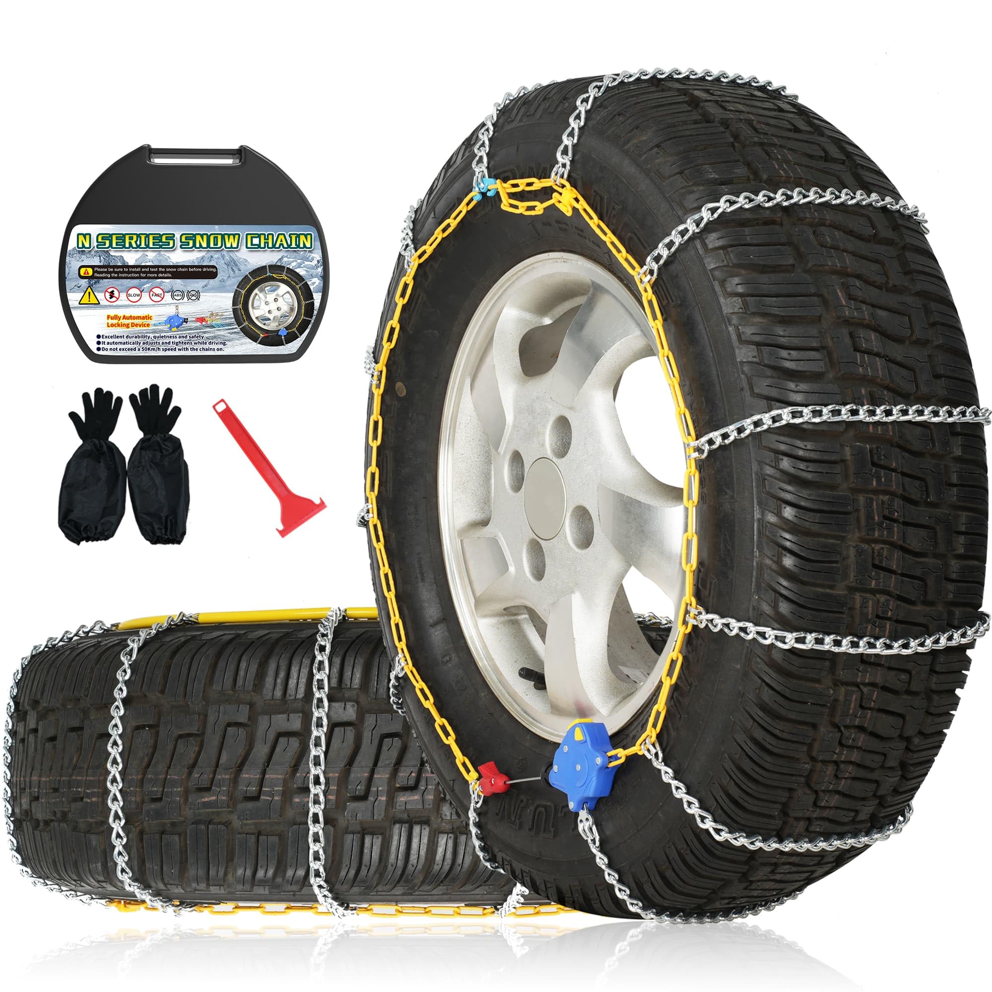 Photo 1 of Auto Fixing Snow Chains, 2 x 12 mm, 30s Quick Installation of Tire Chains with Automatic Tensioner, Universal Emergency Tire Traction Chain for Cars, Pickups, and SUVs (HLN 140)