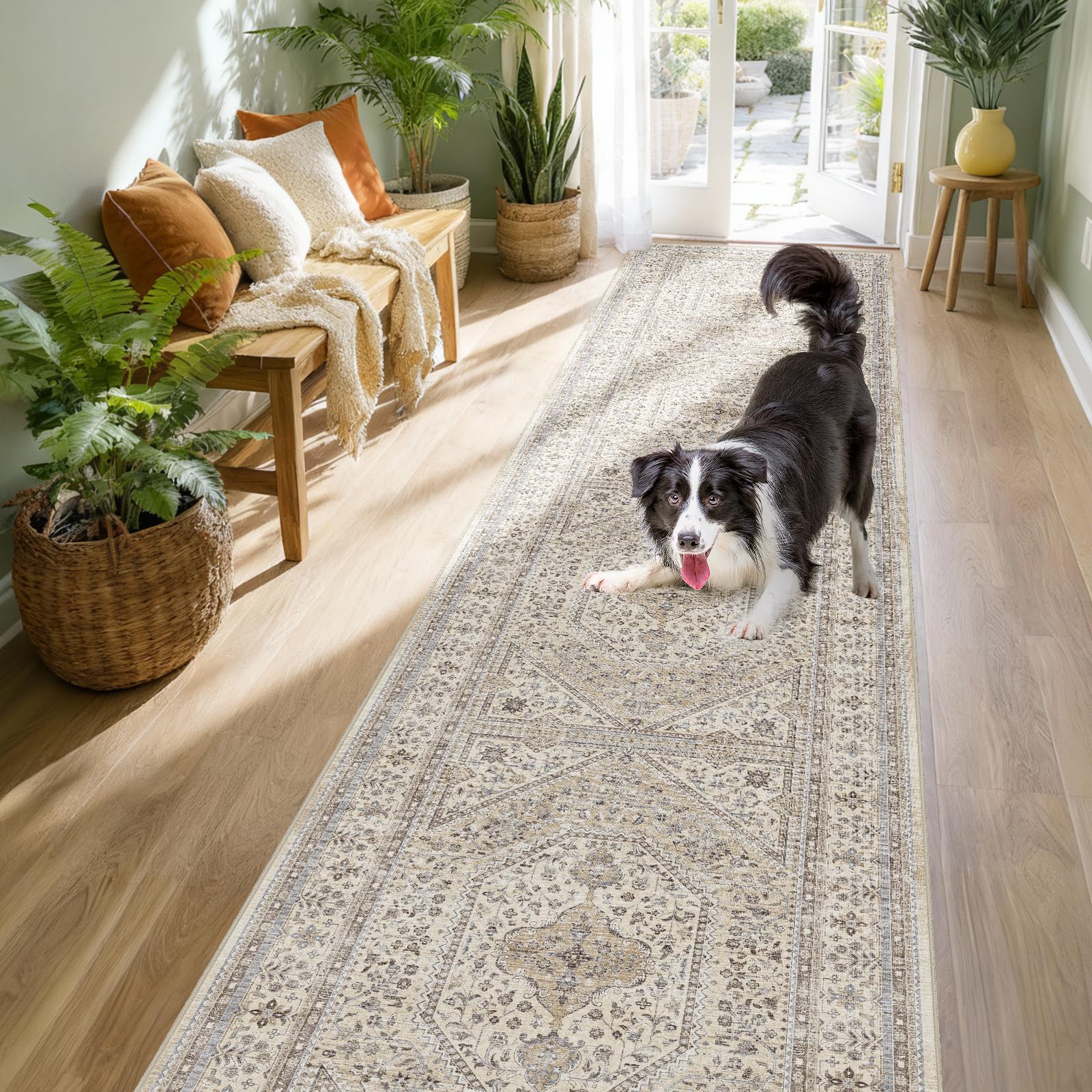 2x10 Runner Rug for Hallway Washable: Non Slip Kitchen Rugs with Rubber Backing Soft Waterproof Wide Mats Stain Resistant Low Pile Carpet for Entryway Bedroom Bathroom Laundry Home Decor Beige/Gray Image