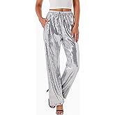 Women's Sequin Pants Shiny Sparkly Party Club Night Out Metallic Casual Wide Leg Pants Trousers