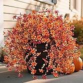 Artificial Faux Mums Fall Flowers for Outdoor Autumn Decoration,2 PCS Fake Silk Daisy Flowers Plant Eucalyptus Leaves Realistic UV Resistant for Front Porch Patio Balcony Yard Home Decor(Orange Brown)