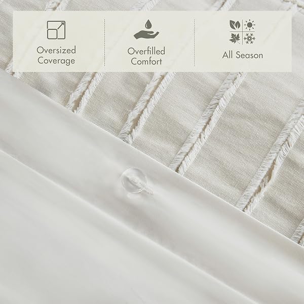 MADISON PARK QUEEN COMFORTER SET CLIPPED JACQUARD STRIPES WITH BUTTONS BOHO COMFORTER FOR A QUEEN-SIZE BED, COTTON OVERSIZED COMFORTERS WITH REMOVABLE COVER BOHO BEDDING, QUEEN IVORY 8 PIECE