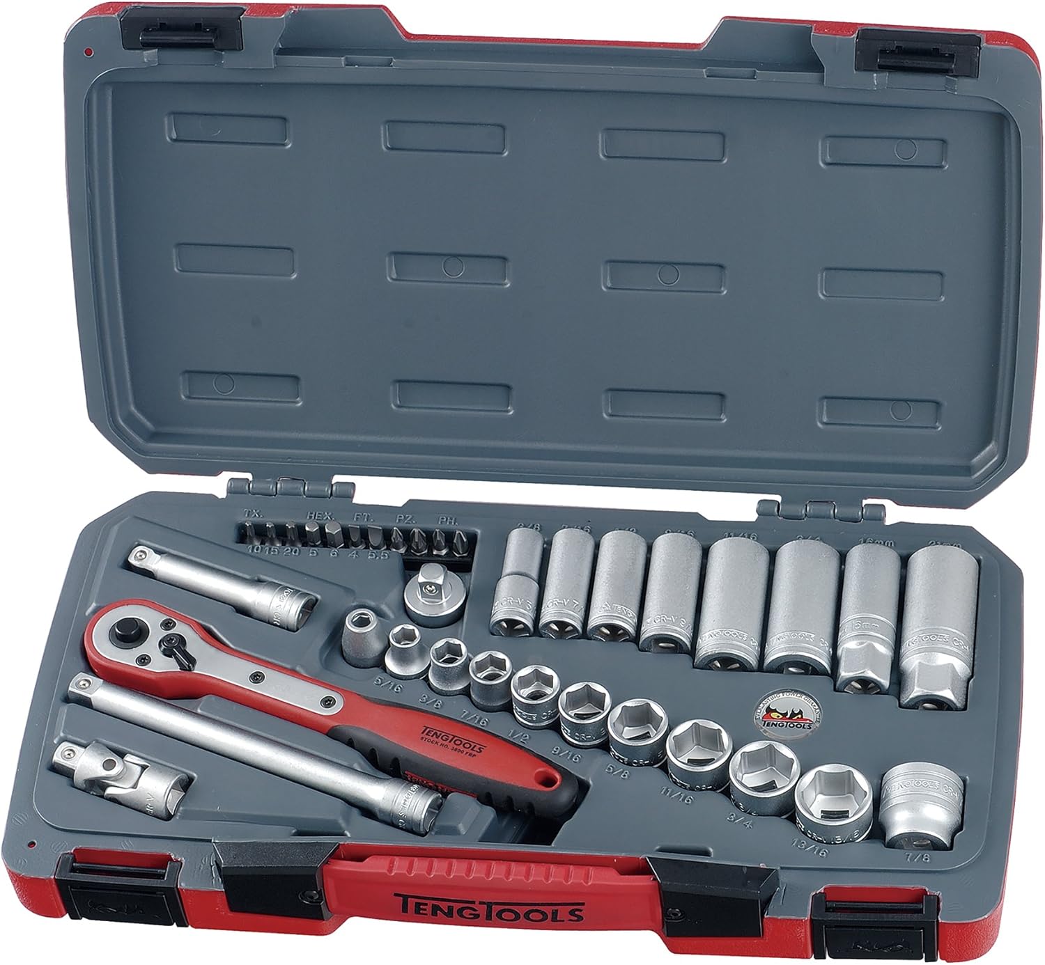 Teng T3835AF T3835 3/8-inch Socket Set A/F Drive (35 Pieces), Red, Variety Pack