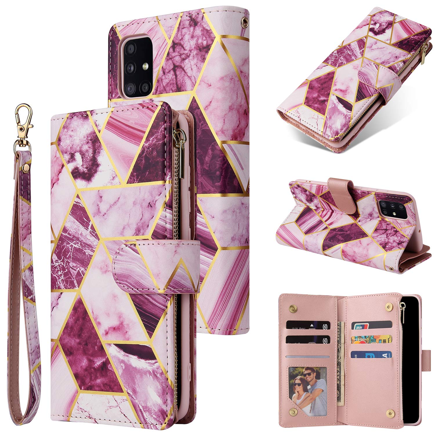 UEEBAI Wallet Case for iPhone 12 iPhone 12 Pro 6.1 inch, Premium PU Leather Magnetic Closure Geometric Marble Pattern Handbag Zipper Pocket Case Kickstand Card Slots Shockproof Flip Cover - Purple#3 — image 1