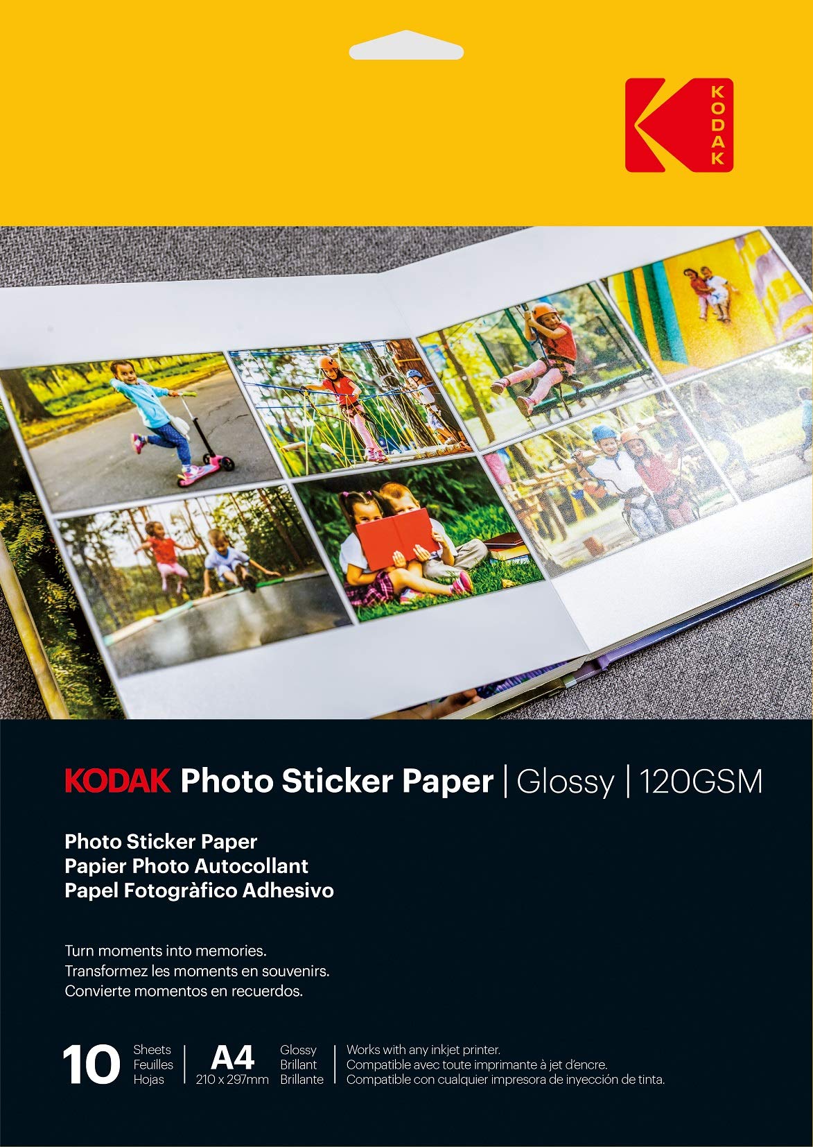 KODAK Photo Sticker Paper - Photo Sticker Paper, Glossy Finish, Pack of 10 Sheets, A4 Size (21x29.7cm), 120 gsm, Compatible with Inkjet Printers
