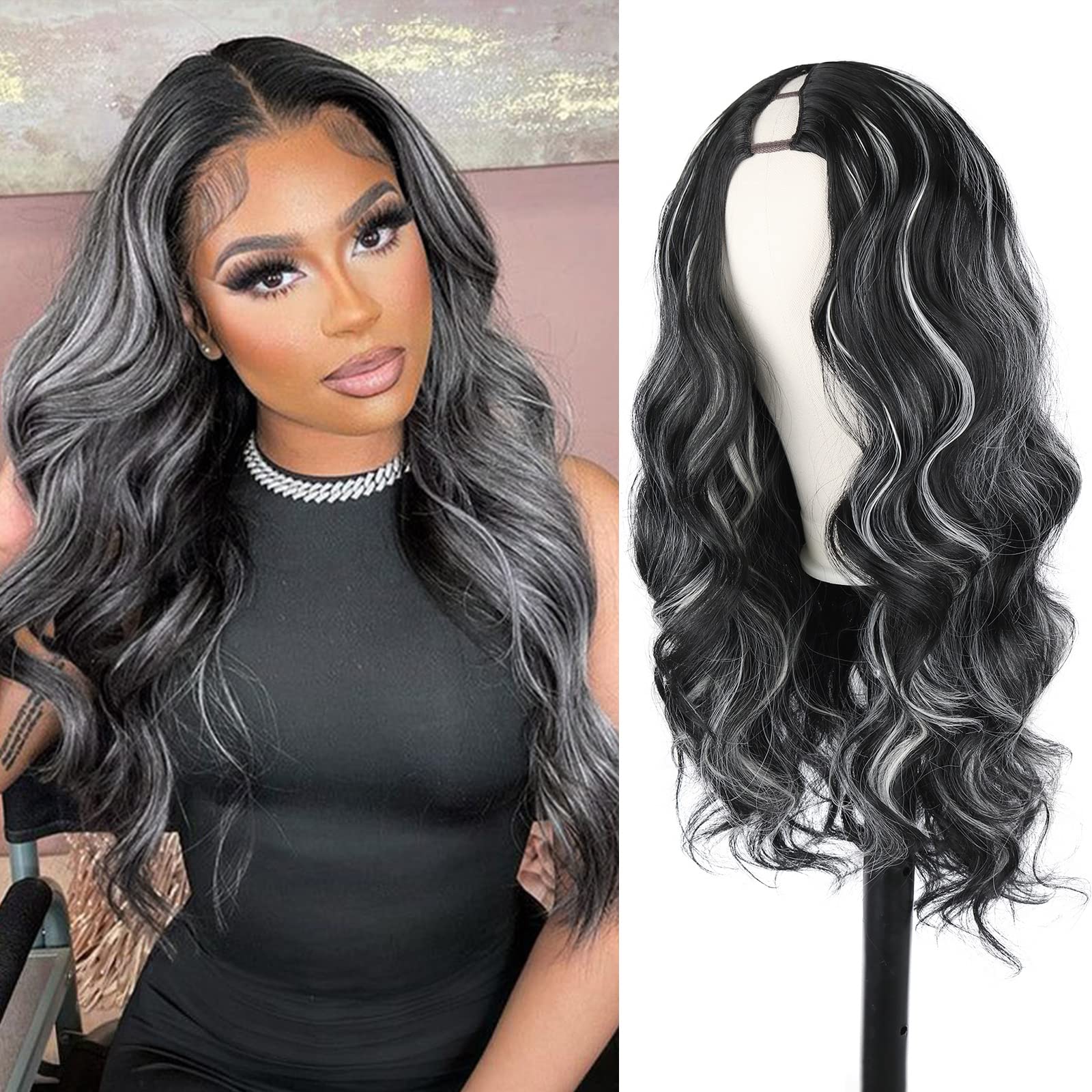Photo 1 of LEOSA Long Body Wavy Balck& Grey V Part Synthetic Wig For Black Women Highlight Full Head Clip In Hair Extensions Long Body Wave Wig for Women Synthetic Hair Replacement Wig (24Inch, Black&Grey#)