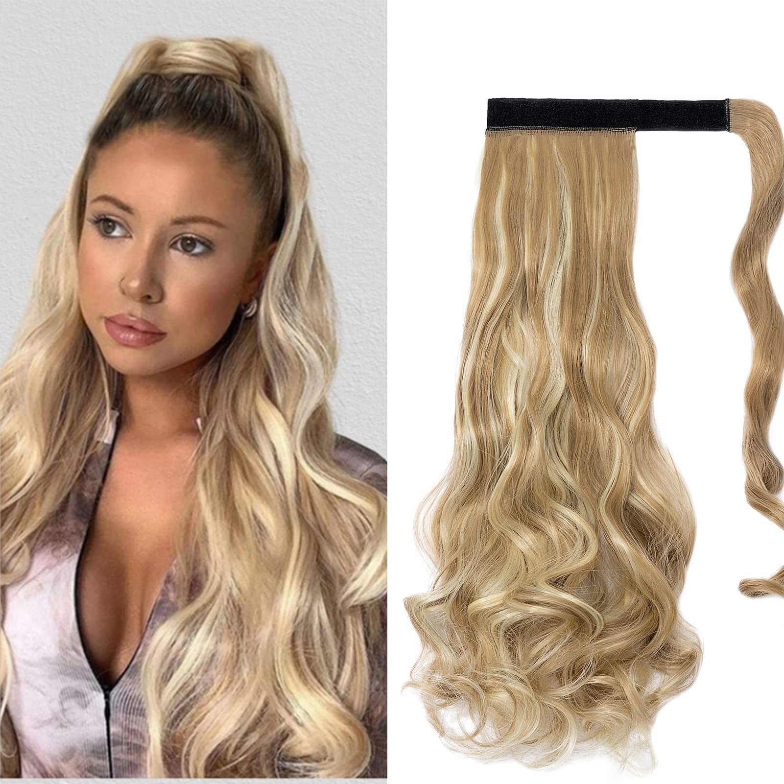 Cybelleza Curly Ponytail Extensions Wavy Clip in Hair Extension Pony Tail Wrap Around Ponytails Synthetic Long Natural Hairpiece for Women, Sandy Blonde&Bleach Blonde — image 1