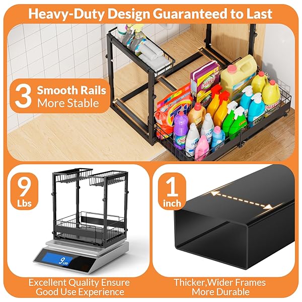LAYZZI-WAYT EXPANDABLE UNDER SINK ORGANIZER WITH 5-LEVEL HEIGHT ADJUSTMENT,2 TIER UNDER SINK ORGANIZER PULL-OUT UNDER SINK DRAWERS CABINET ORGANIZER FOR KITCHEN & BATHROOM STORAGE,BLACK,LARGE