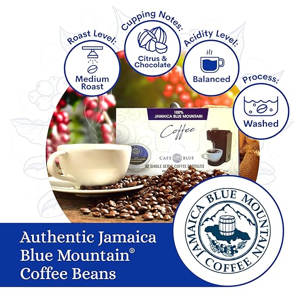 CAFE BLUE 100% JAMAICA BLUE MOUNTAIN COFFEE, MEDIUM ROAST, COFFEE PODS FOR HOT AND COLD BREW, 12 COUNT (PACK OF 1)