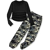 Glaoly Girls' Clothing Sets Ribbed Knit Crewneck T-Shirt & Camo Print Elastic Waist Pants Girls Clothes Size 6-16Y