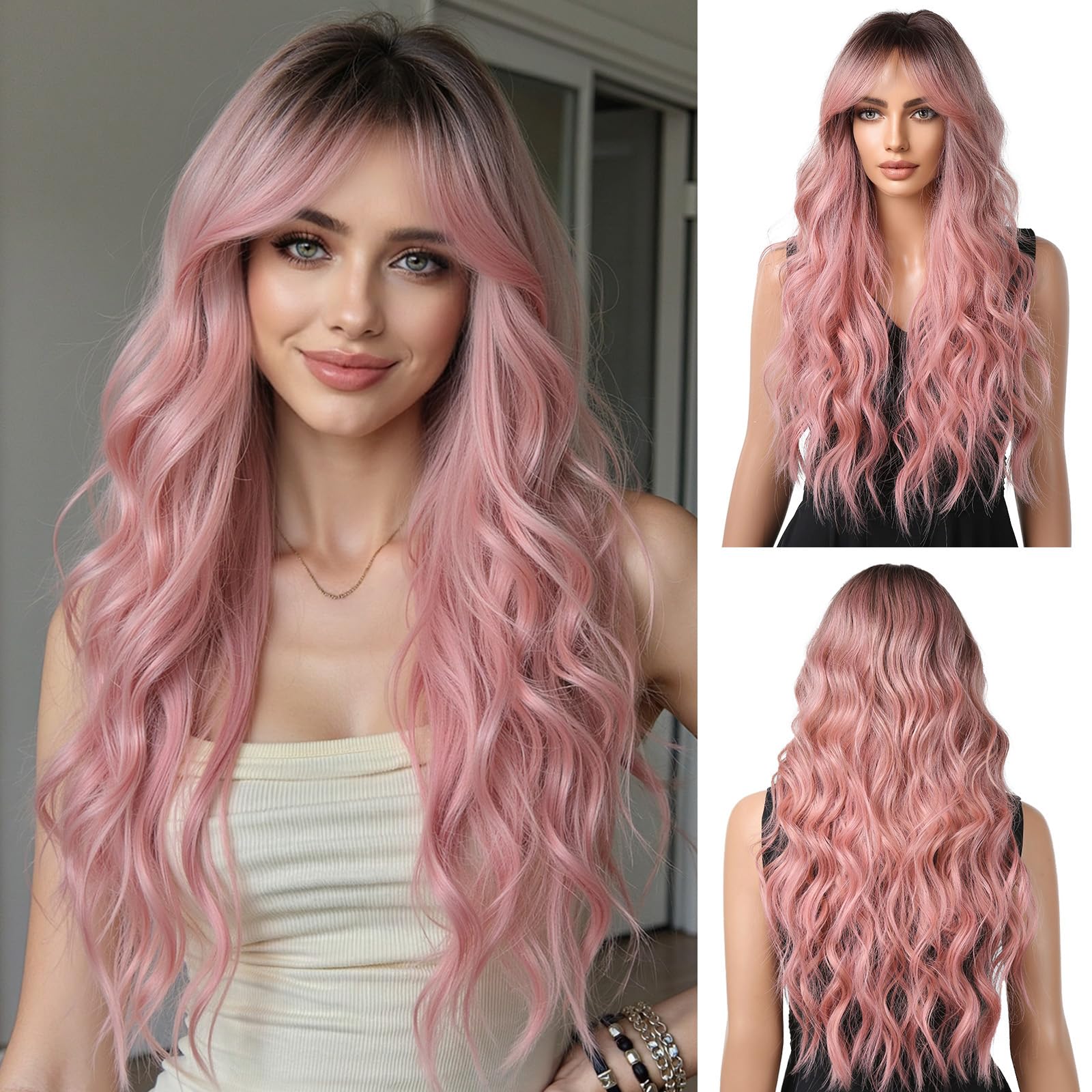 OUFEI Ombre Pink Wigs for Women Long Curly Wig with Bangs Synthetic Hair Heat Resistant Wigs for Daily Party Cosplay Wear — image 1