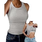 GKBK Tank Top for Women Built in Bra High Neck Ribbed Basics Tops Racerback Fitted Bra Tanks Gray XXL