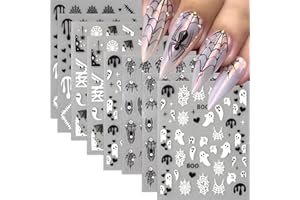 SHUXILIN 8 Sheets Spider Nail Art Stickers Halloween Ghost Nail Decals 3D Self-Adhesive Black White Heart Spider Web and Rhinestones Spiders Nail Design Acrylic Nails Decoration for Women Holiday Nail Charm