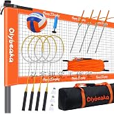 32FT Badminton Volleyball Combo Net Set System for Backyard Lawn Beach | with 4 Height Adjustable 1.25" Poles, Anti-Sagging Design, 4 Badminton Rackets, 3 Birdies and PU Volleyball