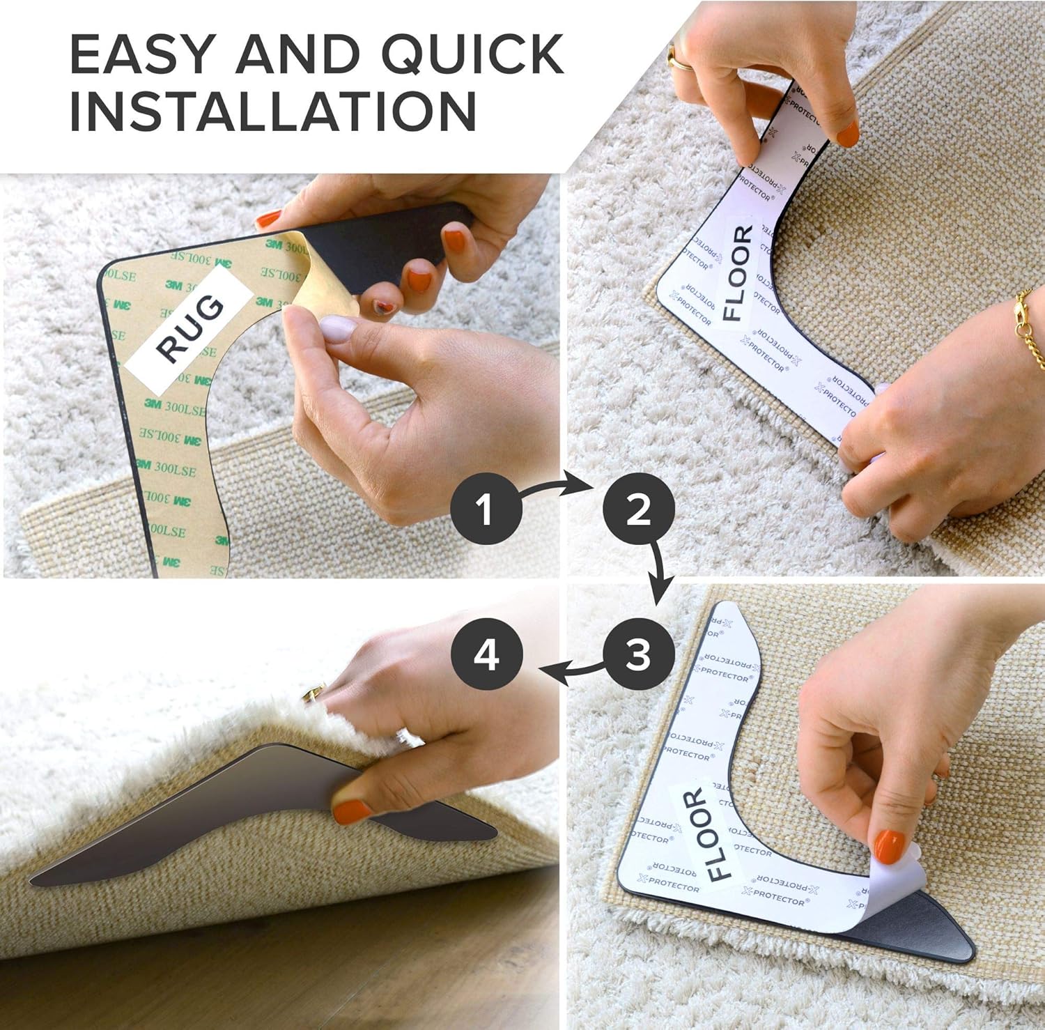 X-Protector Rug Grippers Best 4 pcs Anti Curling Rug Gripper - Keeps Your Rug in Place & Makes Corners Flat - Carpet Gripper for Corners with Renewable Carpet Tape – Ideal Non Slip Rug Pad for Rug!: Furniture & Decor