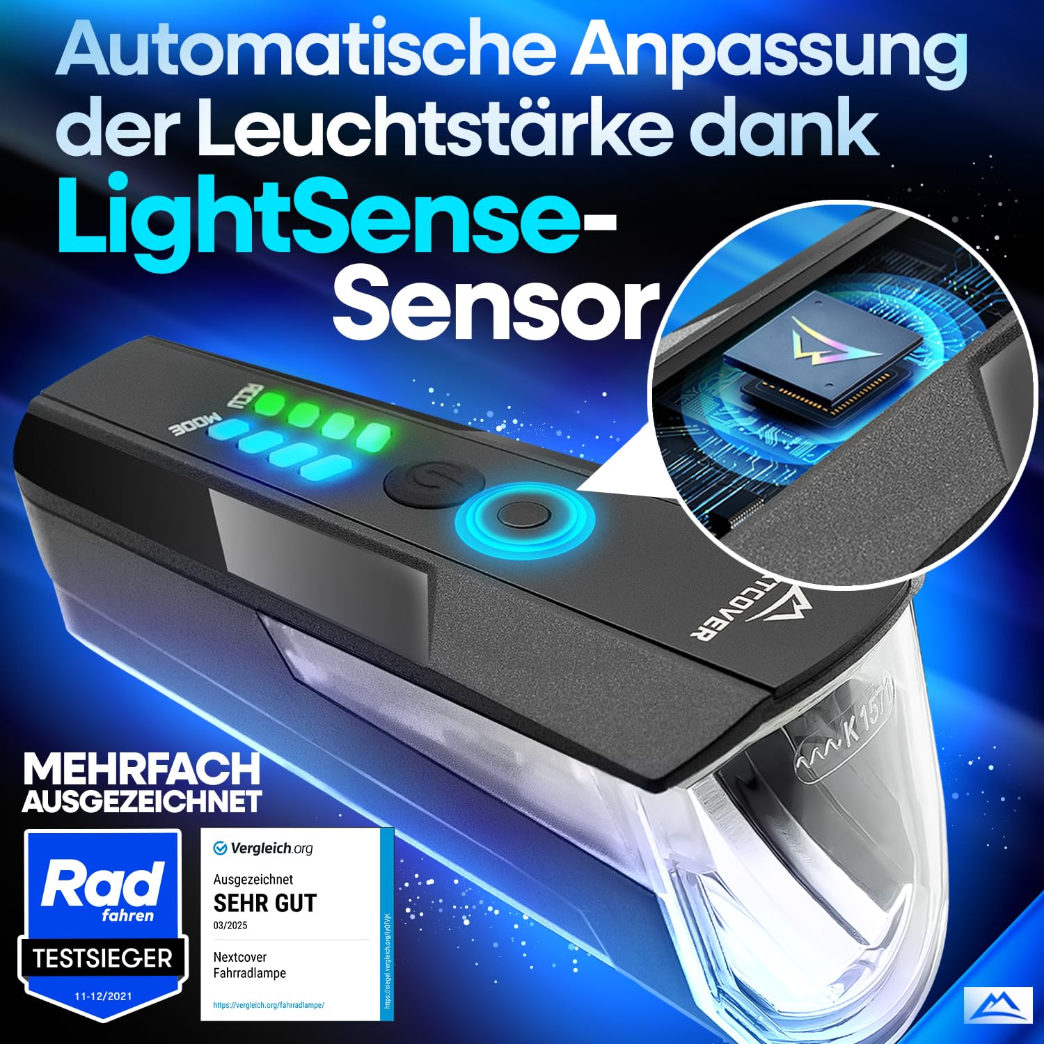 NEXTCOVER® Fahrradlicht Set - Das Original - mit [LightSense] Sensor & 11h Akkulaufzeit I USB aufladbar & wasserdicht I LED Fahrrad Licht vorne I Fahrradlampe & Fahrrad Rücklicht, Fahrradbeleuchtung 2