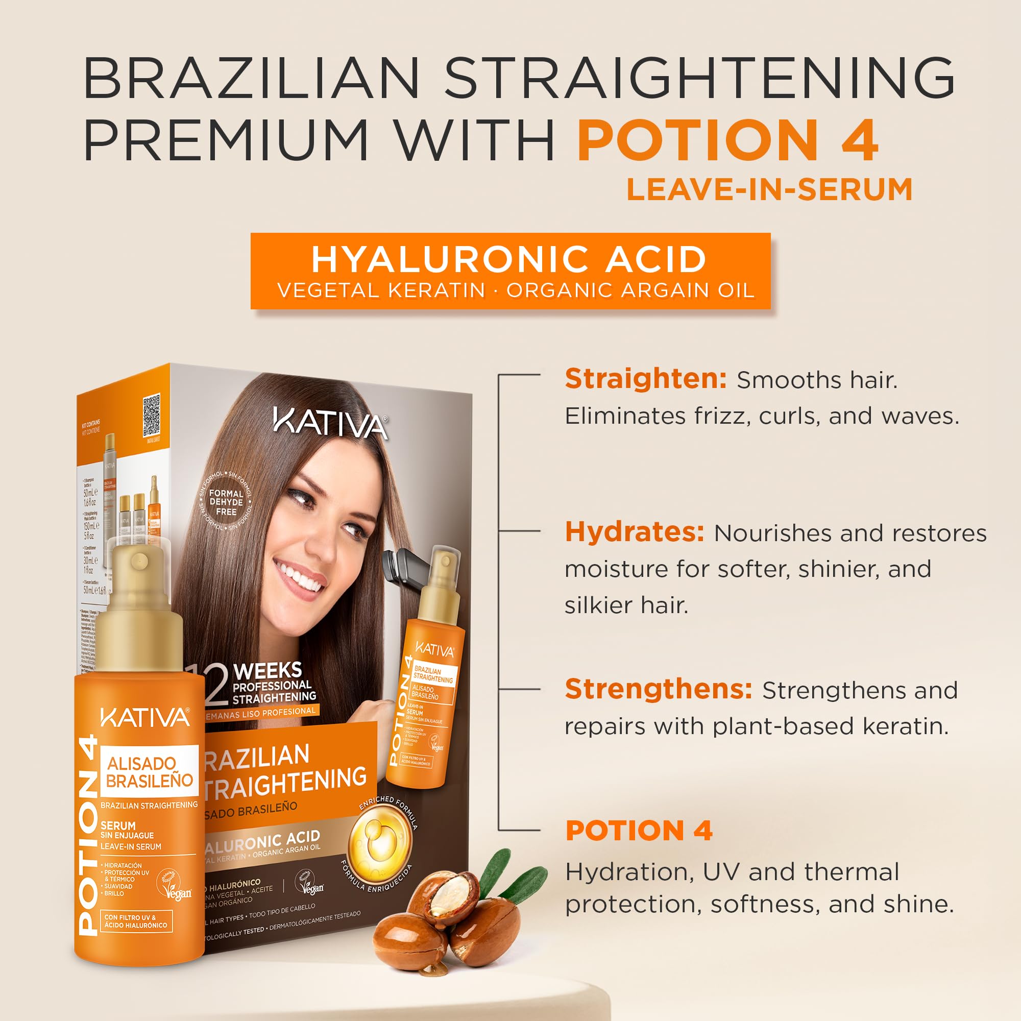 KATIVA Brazilian Keratin Treatment Kit with Potion 4 Thermo-Protective Serum – At-Home Formaldehyde-Free Straightening with Hyaluronic Acid – 12 Weeks Frizz Control for All Hair Types