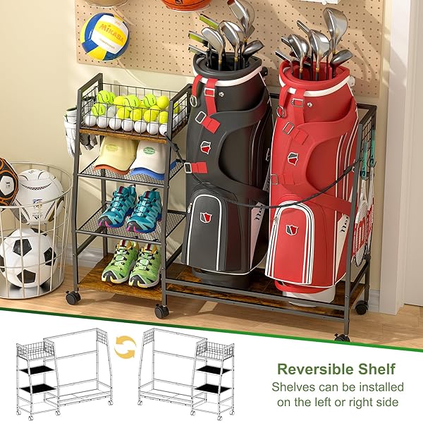 GOLF BAG STORAGE RACK FOR GARAGE WITH WHEELS, ORGANIZER FOR 2 GOLF BAG AND EQUIPMENT ACCESSORIES, GOLF ORGANIZER STAND IDEAL FOR HOME, GARAGE, CLUB, SHED, BASEMENT – STURDY AND DURABLE (BLACK)