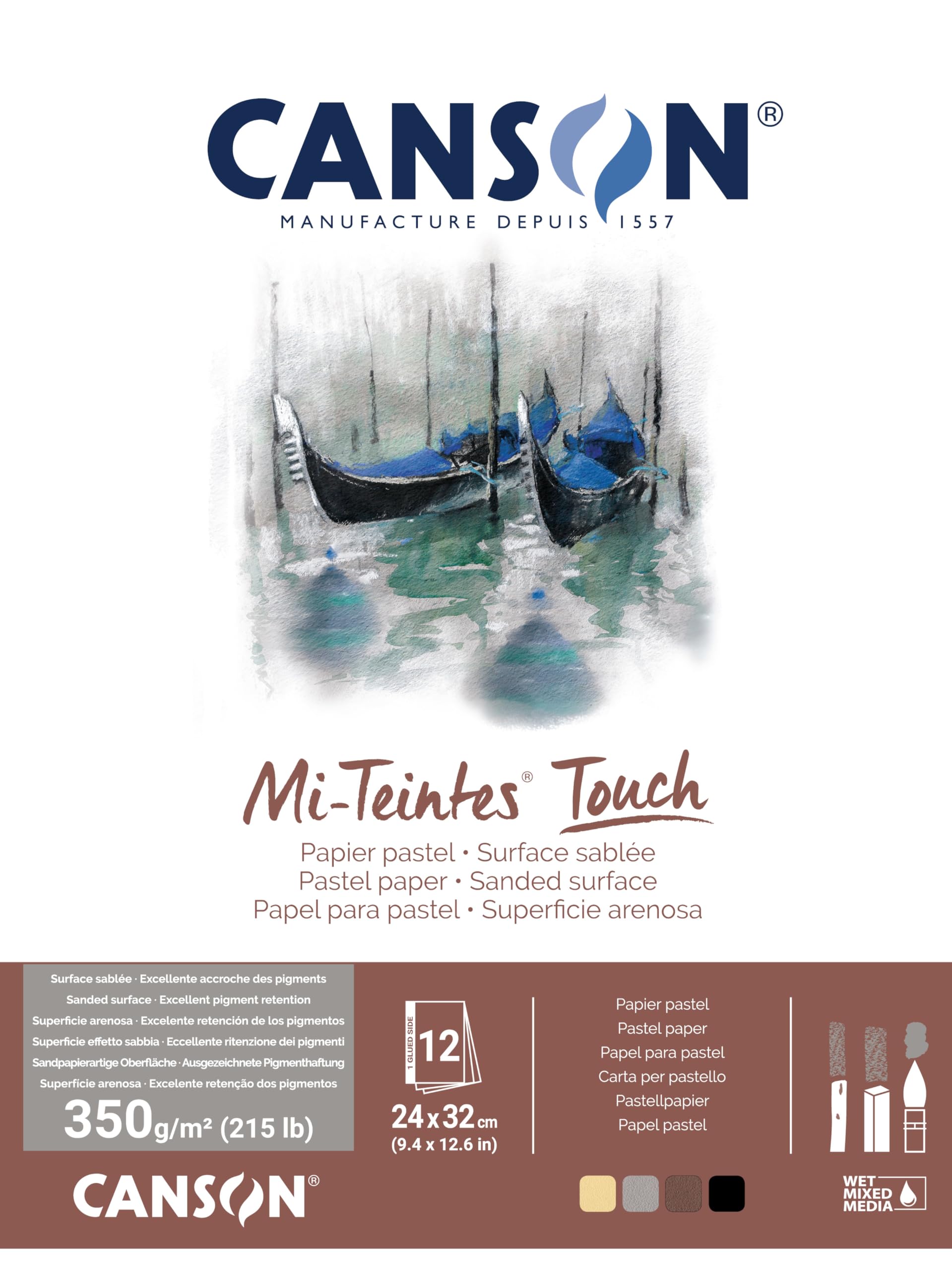 CANSON Mi-Teintes Coloured Drawing 335g 24 x 32cm Paper Pack, 6 Fine Sanded Colours, 12 Sheets, Pastel & Mixed Media, For Professional Artists & Illustrators