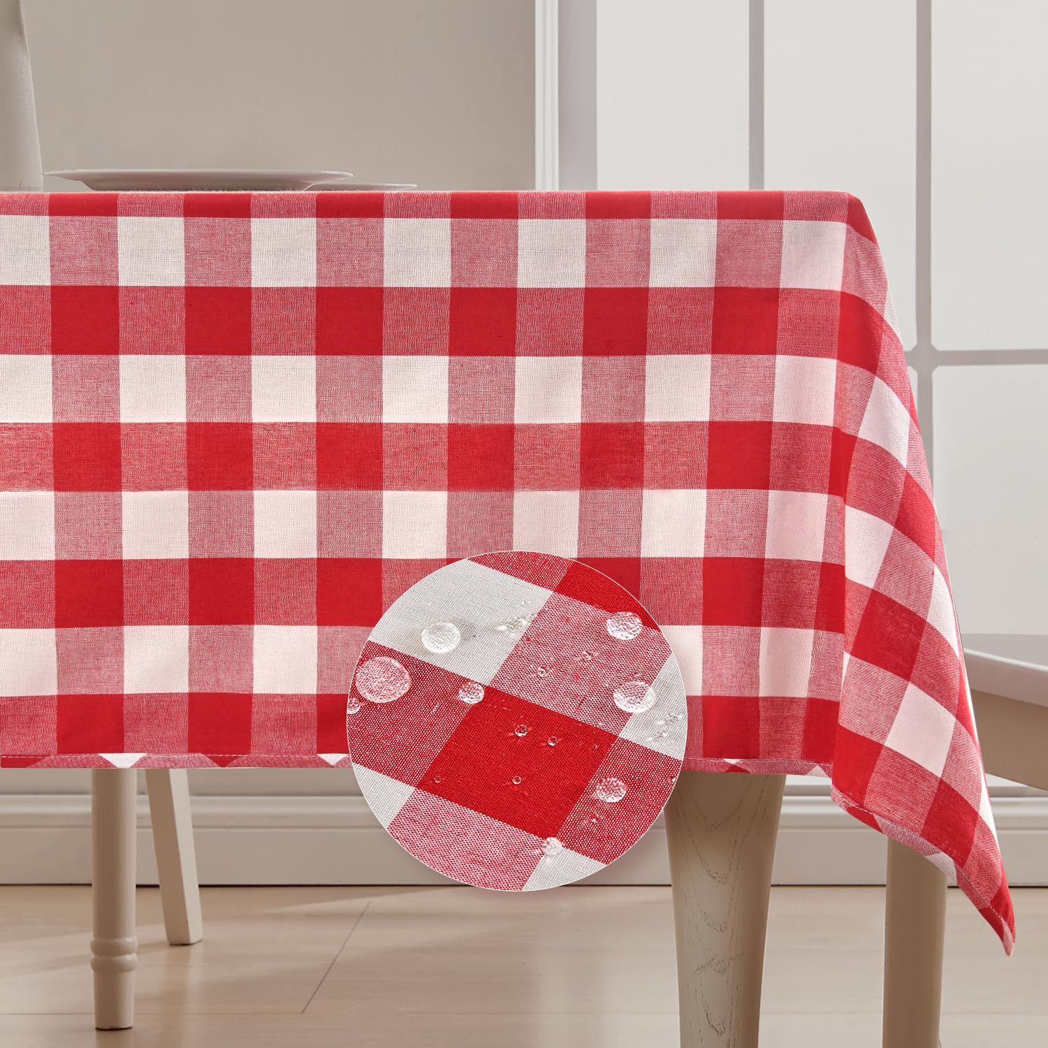 BALCONY & FALCON Gingham Tablecloth Rectangle – Reversible, Water-Resistant, Machine Washable Cotton Blend Checkered Table Cloth for Dining, Picnic, BBQ, Easter, Party Decor (Red White, 140x240cm)