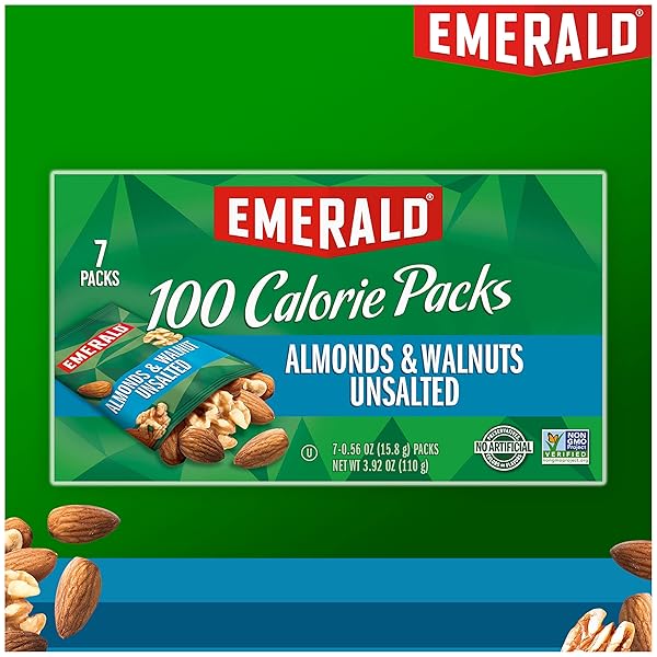EMERALD NUTS UNSALTED ALMONDS AND WALNUTS 7 CT (1-PACK), 100-CALORIE INDIVIDUAL PACKS OF NUT BLEND, KOSHER CERTIFIED, NON-GMO, CONTAINS NO ARTIFICIAL PRESERVATIVES, FLAVORS OR SYNTHETIC COLORS