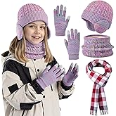 Kids Winter Hat Scarf Gloves Set, Girls Boys Fleece Beanie Hat with Ear Warmer Gloves Plaid Scarf Neck Warmer Set Gifts