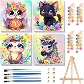 4 Pack Paint by Numbers Kit for Kids with Frame - Wooden Easel 8x8 inch | Animal Paint by Numbers for Kids Ages 4 8 12, Easy Owl Cat Sloth Zebra Acrylic Oil Painting Kits for Home Wall Decoration