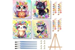 CVIOKRDU 4 Pack Paint by Numbers Kit for Kids with Frame - Wooden Easel, Animal Paint by Numbers for Kids Ages 4 8 12, Easy Owl Cat Sloth Zebra Acrylic Oil Painting Kits for Home Wall Decoration 8x8 inch