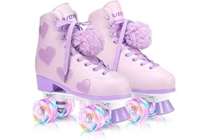 Ruthfot Women's and Girl's Classic Roller Skates with Light up Wheels and Love Heart Pattern, High-top PU Leather Rollerskates…