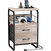 runjuly Nightstand with Drawers, Storage Night Stand with Charging Station Type C Port, Small Side Table with Hooks, Wood Metal End Table for Living Room, Bedroom, Dorm, Greige