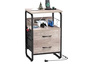runjuly Side Table with Drawers, Night Stand with Charging Station, AC Outlets & USB C Ports, End Table with Storage, Night T