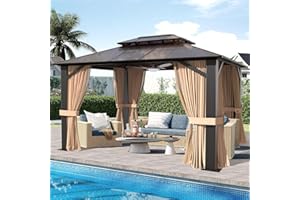 SOLUMIA 10x12 Hardtop Gazebo with Curtains & Netting, Double Roof Polycarbonate Canopy, Heavy-Duty Aluminum Frame Pergola for Patio, Garden, Deck – All-Weather UV & Rust Resistant