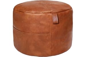 Thgonwid Unstuffed Faux Leather Pouf Cover Handle, Footstool Ottoman Storage Solution, Floor Footrest Cushion, 16.5”Dx12”H, No Filler, (Pocket-Handle) Amaretto