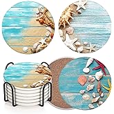 Britimes Coaster for Drinks Set of 6, Shells Blue Wooden Space Beach Table Absorbent Round Ceramic Stone Mat, with Cork Base and Metal Holder, Gift for Housewarming Room Bar Decor