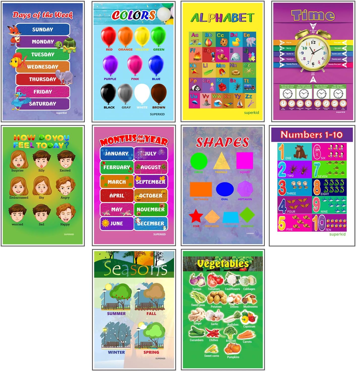 10 Educational Learning Posters for Preschool Toddlers and Kids, Useful for Teaching Kindergarten Classroom Posters Includes, Alphabet, Time, Days of The Week, Seasons, Vegetables, Months of The Year
