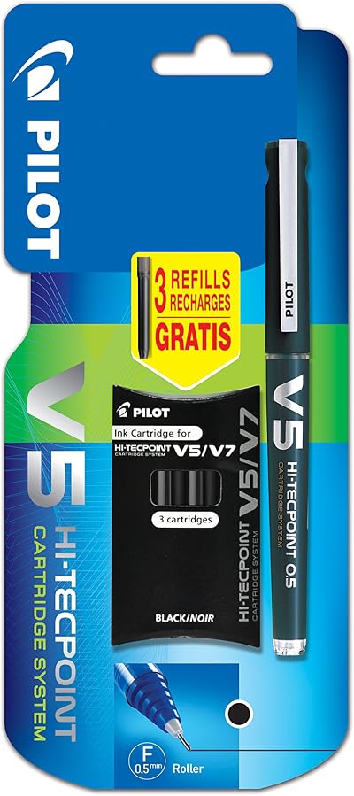 Pilot V5 Cartridge System Liquid Ink Rollerball 0.5 mm Black with 3 Refills