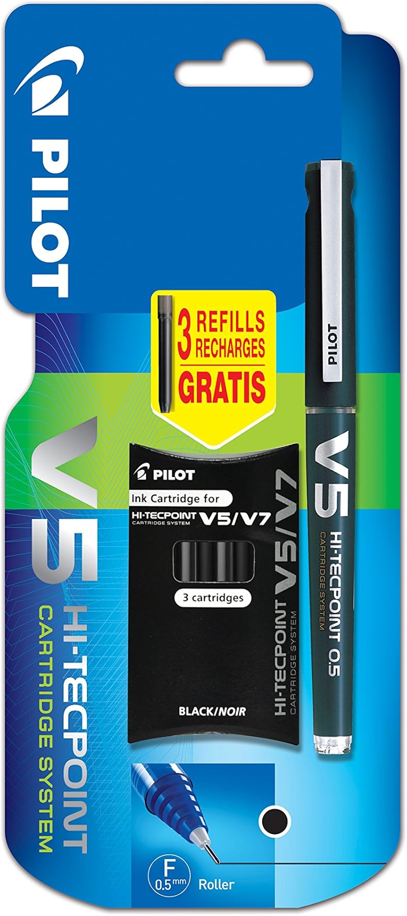 Pilot V5 Cartridge System Liquid Ink Rollerball 0.5 mm Black with 3 Refills