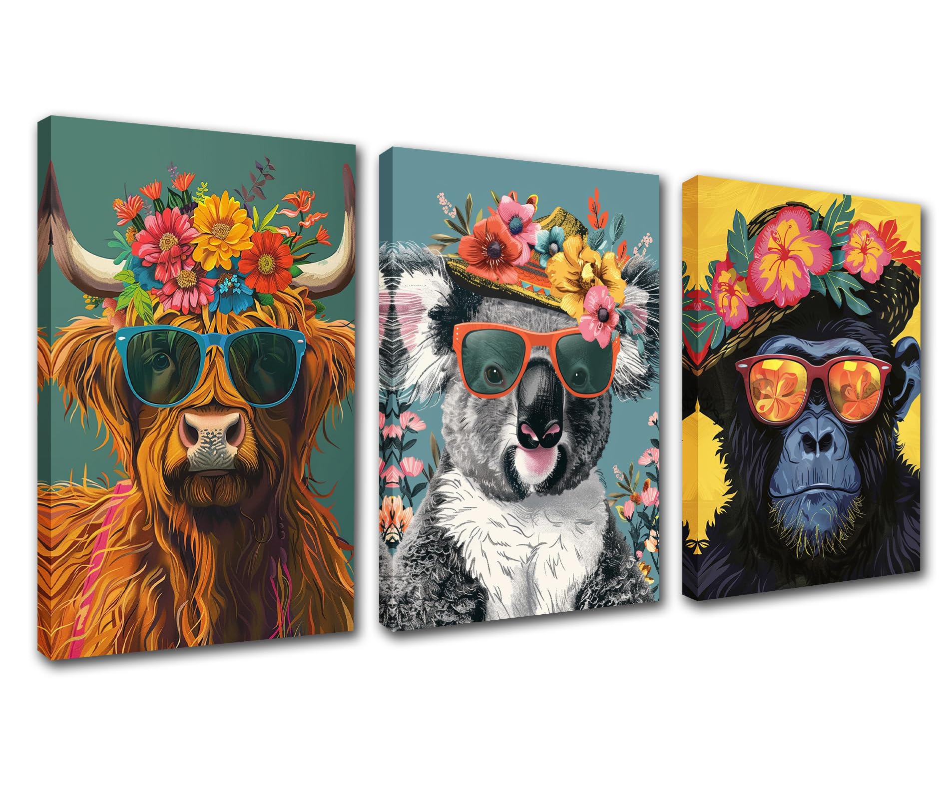 Funny Animals Flowers Art Work for Home Walls Highland Cow Koala Monkey Wear Sunglass Pictures Animals Paintings 3 Panel Canvas Art Artwork Home Decor for Girls Room Framed Ready to Hang 48''Wx24''H