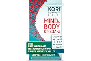 Kori Krill Kori Mind & Body Omega-3 Oil Omega 3, Brain Supplements for Memory and Focus, Lutein, Zeaxanthin, B12, Tumeric Curcumin, 60 Softgels