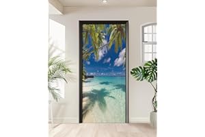 FLFK Door Sticker - Beach and Palm Tree Wall Mural, Door Decal Peel and Stick, Removable Self-Adhesive Door Wallpaper for Hom