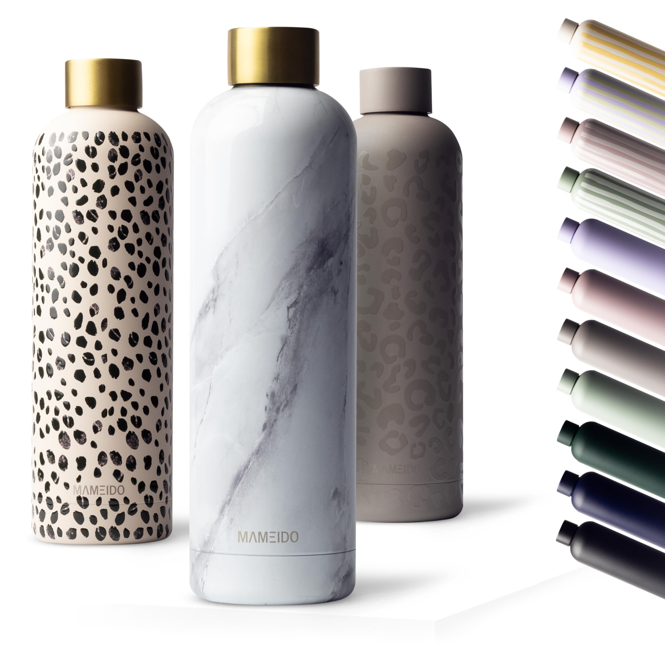 MAMEIDO Insulated Water Bottle 750 ml, Leak-Proof 18/8 Stainless Steel Thermo Flask, Suitable for Carbonated Drinks, BPA-Free (White Marble Gold)