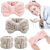 Chuangdi 4 Pcs Microfiber Headband Spa Wristbands and Wrist Bands for Washing Face Cuffs Towel Wristbands Hair Headband Face Wash Cuffs for Women Makeup(Pink, Khaki)