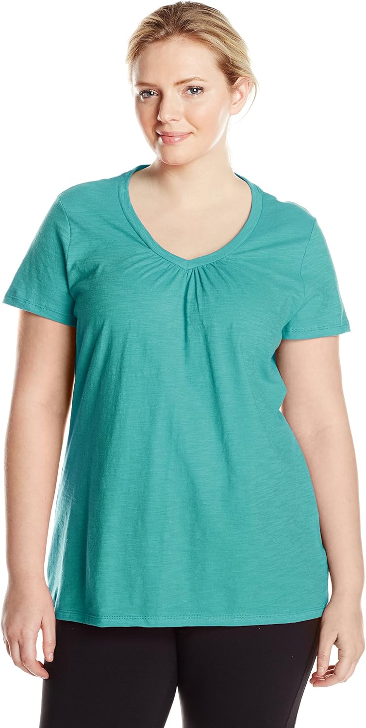 Just My Size Women's Short Sleeve Shirred V-Neck Tee