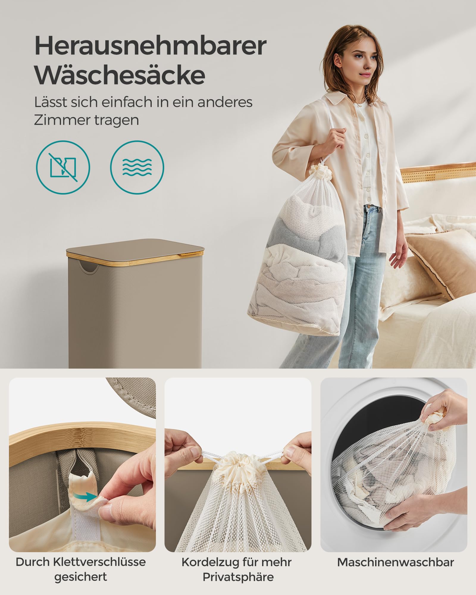 SONGMICS Wäschekorb mit Deckel, Wäschesammler 90 L, herausnehmbarer Wäschesack, Oxford-Gewebe, Griffe aus Bambus, zusammenklappbar, 42 x 32 x 70,5 cm, kamelbraun LCB509N01V1 6