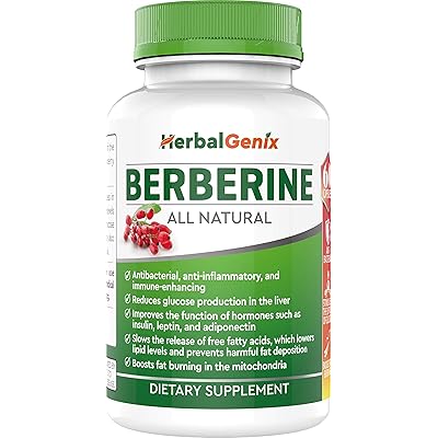 Cholesterol Kekere, Triglyceride, iwuwo & suga suga kekere pẹlu HerbalGenix Berberine 500mg HCL Supplement. Gbogbo Awọn eroja Adayeba. Antioxidant, Afikun AMPK. Non-GMO / Gluten Free / Awọn bọtini vegan